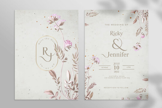 Double Sided Floral Wedding Invitation Template with Vintage Flower
