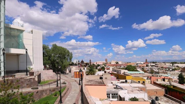 Panoramic lookout of Durango colonial and colorful historic city center from teleferico cable car hill near central Plaza de Armas and Cathedral Basilica.