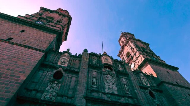 Mexico, Michoacan, famous scenic Morelia Cathedral located on Plaza de Armas in historic city center.