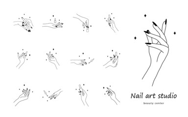 Female manicured hands. Manicure logo. Nail polish. Vector Illustration of elegant female hand in trendy minimalist style.