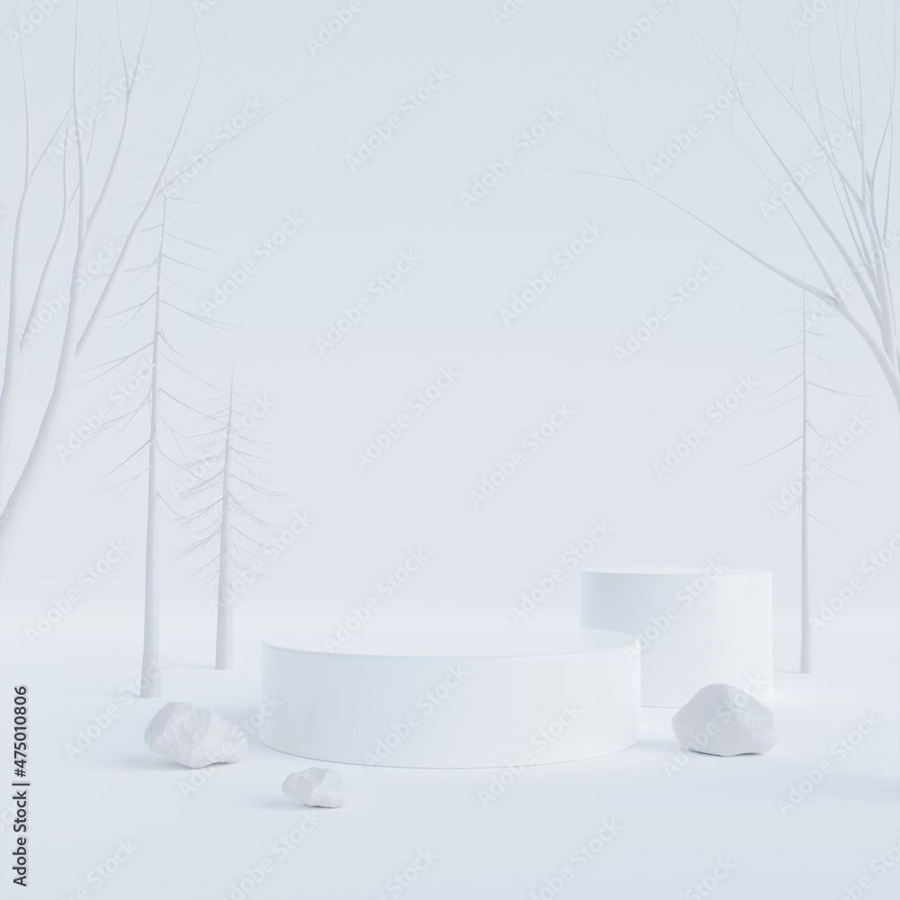 Poster minimal scene mockup with white cylinders podium on white color background for product presentation.