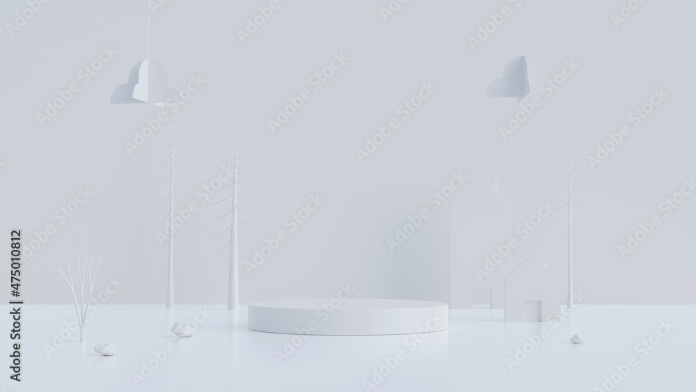 Poster minimal scene mockup with white cylinders podium on white color background for product presentation.