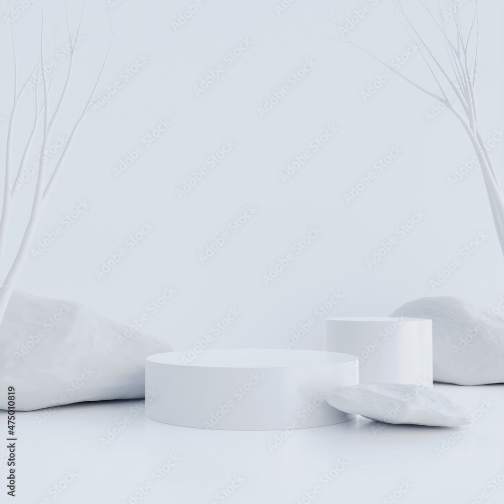 Poster Minimal scene mockup with white cylinders podium and stone on white color background for product presentation.3D Rendering illustration.