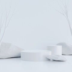 Fototapeta na wymiar Minimal scene mockup with white cylinders podium and stone on white color background for product presentation.3D Rendering illustration.