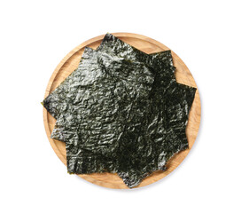 Wooden plate with dry nori sheets on white background, top view © New Africa