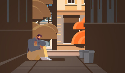 sad unhappy man depressed guy sitting on street near building loneliness depressive disorder problem mental health diseases