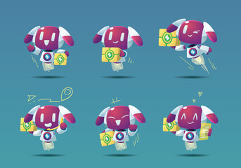 little flying white modern robot mascot character dilivery object