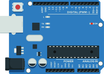 Arduino UNO board. Code for education. Arduino UNO R3 microcontrollers - obrazy, fototapety, plakaty