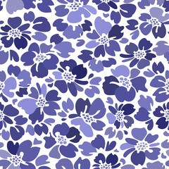 Vector seamless floral patterns. Monochrome blue flowers isolated on a white  background. Simple flower in the color of the year very peri.
