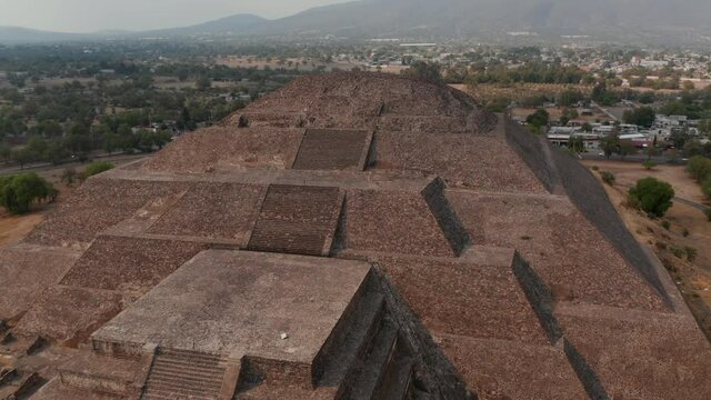 Drone view of front of Pyramid of Moon in Teotihuacan complex in Mexico Valley. Mesoamerican pre-columbian temple is the thirds largest pyramid in the world. Travel destination. Unesco world heritage