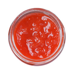 Delicious rowan jam in jar on white background, top view