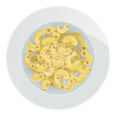 Elbow pasta sprinkled with cheese in plate isolated on white background. Vector illustration.