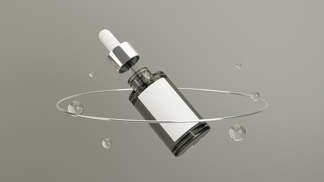 Beauty products container, serum dropper bottle on grey background.