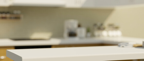 Modern kitchen counter island over blurred cooking space