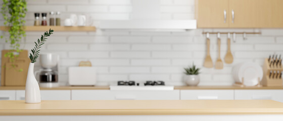 Close-up, Wooden kitchen countertop with copy space - obrazy, fototapety, plakaty