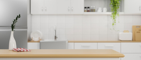 Wooden kitchen countertop with copy space - obrazy, fototapety, plakaty