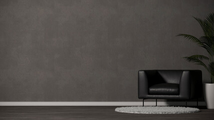 Modern contemporary dark living room interior with black leather armchair