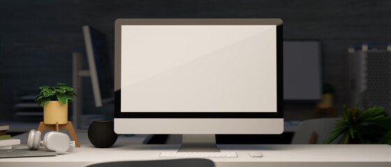 Modern dark office studio with desktop computer mockup
