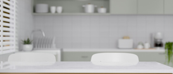 Copy space on a modern white dining table in stylish kitchen