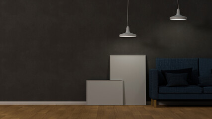 Modern classic loft and dark living room interior with blank poster frame mockup