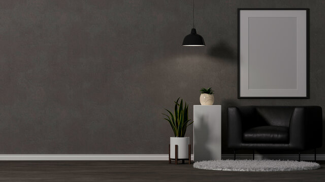 Modern dark loft living room interior with blank poster frame mockup on grey wall