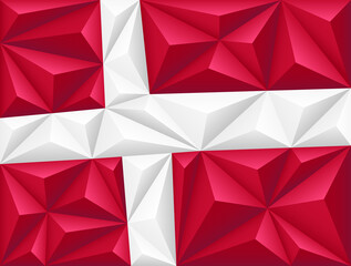 Abstract polygonal background in the form of colorful red and white polygons and pyramids. Polygonal flag of Denmark.