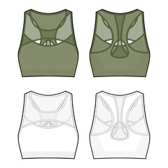 Seamless sports mesh bra flat sketch, Apparel template
