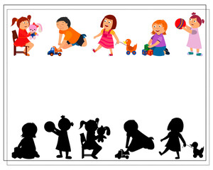 Children's logic game find the right shadow. Cute cartoon kids playing with toys. vector isolated on a white background.