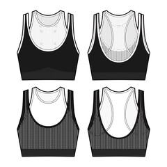 Seamless sports mesh bra flat sketch, Apparel template