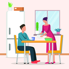 A wife is serving food and drink to her husband. Vector colorful illustration. illustrator. illustration. design. graphics. dinner. simple