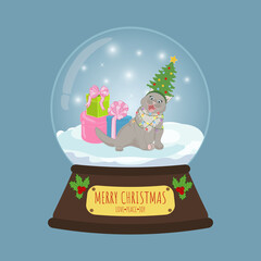 Merry Christmas glass snow globe with cat