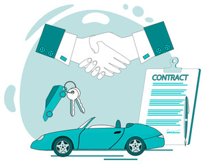 Buying a car.Sale, purchase and rental of cars.Execution of the contract of sale.Flat vector illustration.