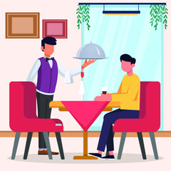Waiter is taking food orders and serving them to customers for dinner. Vector colorful illustration. illustrator. design. illustration. design. dinner. food