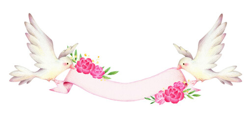 白い鳥と花のタイトルフレーム　手描き色鉛筆画