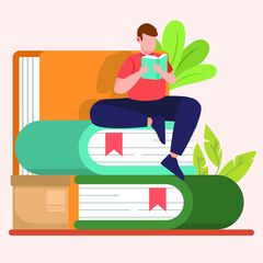 Men are focused on reading their favorite reading book every day. Book. Library. Habit. Vector colorful illustrator. Illustrator. Illustration. Reading. Focus 