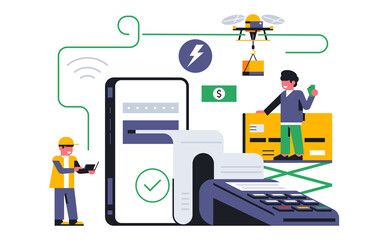 Online food delivery service to your home. Successful online payment for the home delivery order through the phone application. Drone and package, courier, payment terminal, route. Vector illustration