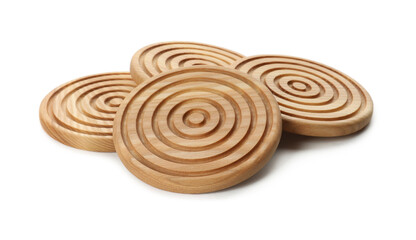 Stylish wooden cup coasters on white background