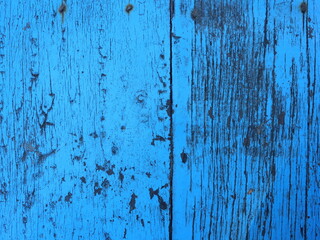 Weathered blue color wood sheets, Old wooden boards with rusty nail