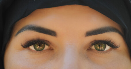 Muslim woman's eyes, close-up. Beautiful, close up, muslim woman eyes, long eyelashes, black...