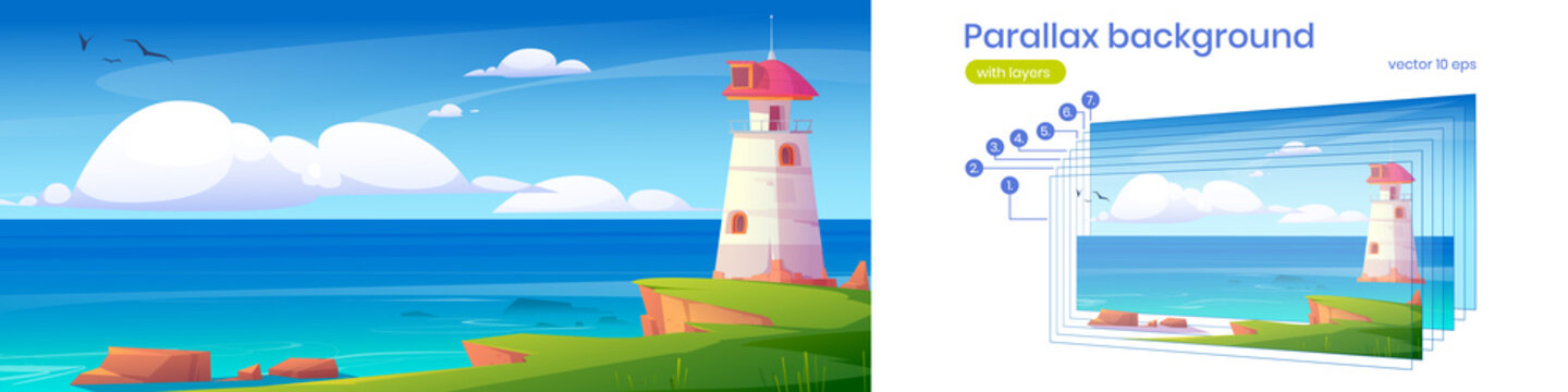 Lighthouse on rock cliff on sea coast. Vector parallax background for 2d animation with cartoon illustration of summer landscape of ocean shore with beacon, nautical navigation tower