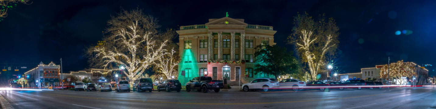 Panoramic View of the Downtown City Hall Square With Oak Trees Decorated for the Holidays