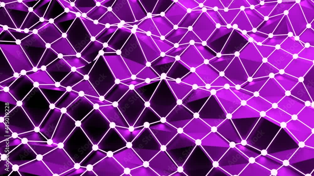 Poster Plexus of abstract geometric lines with moving triangles and dots. Design. Digital rippling and moving connected texture, seamless loop.