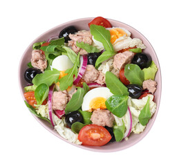 Bowl of delicious salad with canned tuna and vegetables on white background, top view