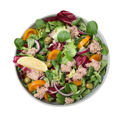 Bowl of delicious salad with canned tuna and vegetables on white background, top view