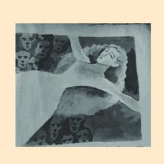 Abstract figure art. A defeated girl is lying among many disguised men.
