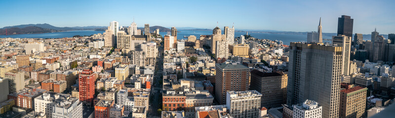 Aerial View of the Skyscrappers in Downtown San Francisco with the Bay in the background