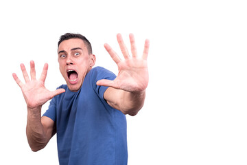 Man screaming as doing stop sign with hands