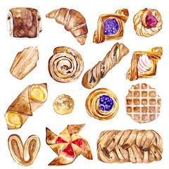 Watercolor collection of french breakfast pastries