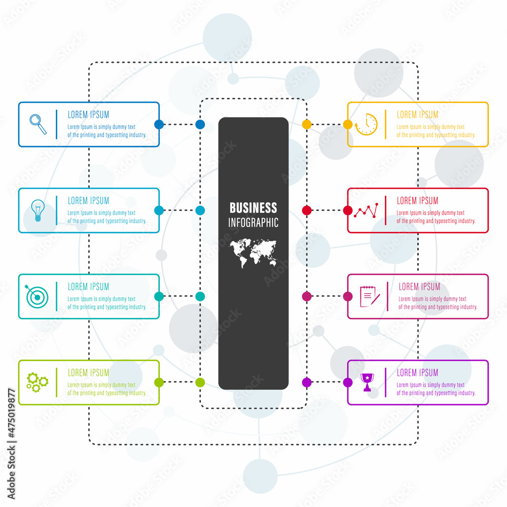 Aufkleber infographics design vector and business icons with 8 options for presentation and web site