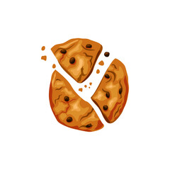 Broken chocolate chip cookies. Bitten dessert. Vector cartoon illustration on a white isolated background